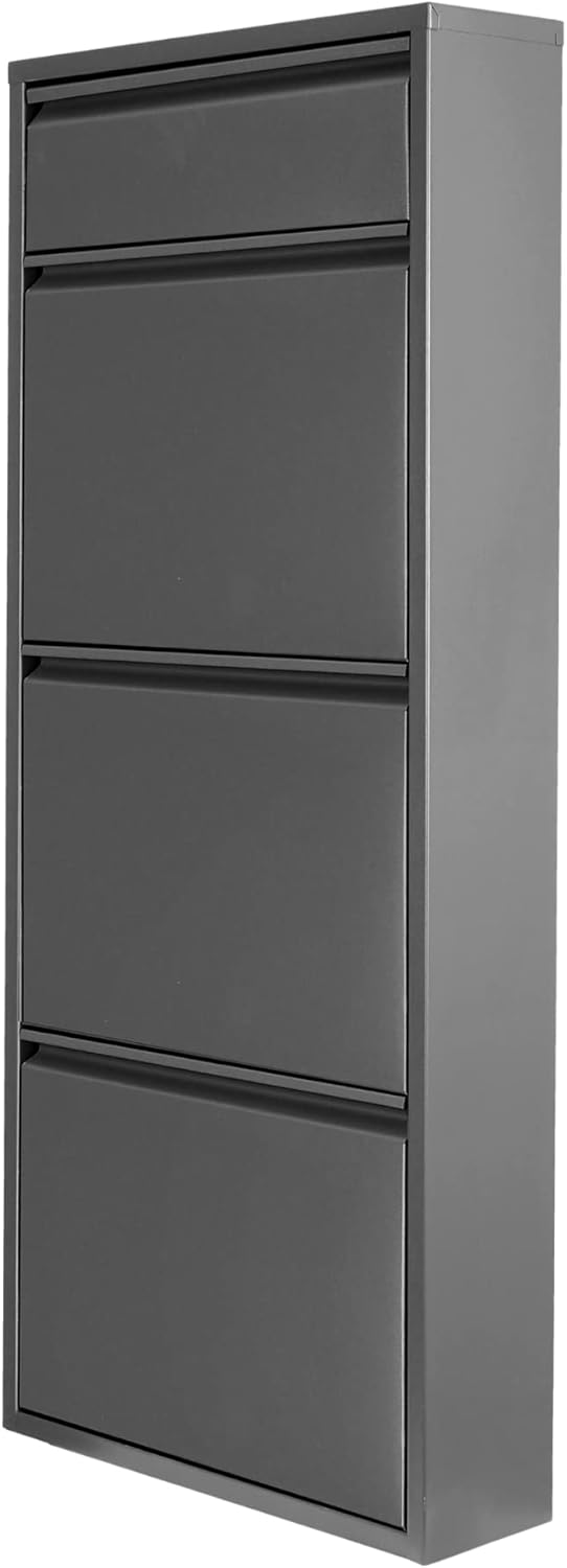 [en.casa] Schuhschrank Sokndal Schuhkipper mit 4 Klappen Metall Schuhkommode für 6 Paar Schuhe 118 x 50 x 15 cm Grau