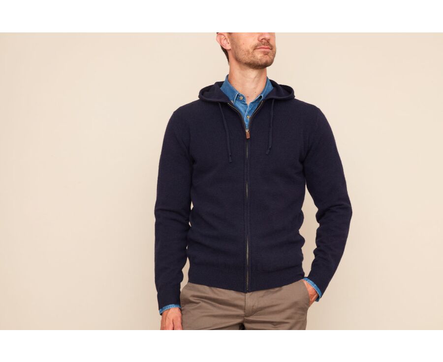 Gilet homme laine zippé à capuche Navy - HOODAN