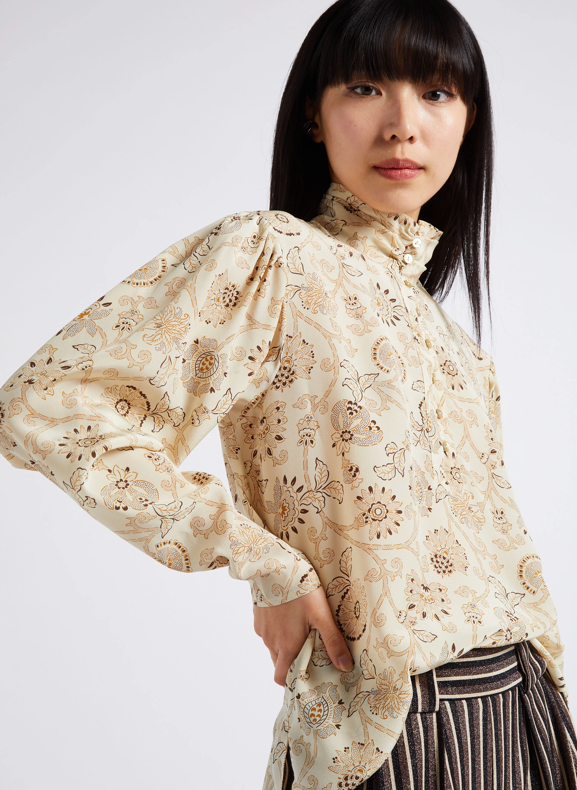 NAGISO - Blouse droite imprimée en soie | Beige