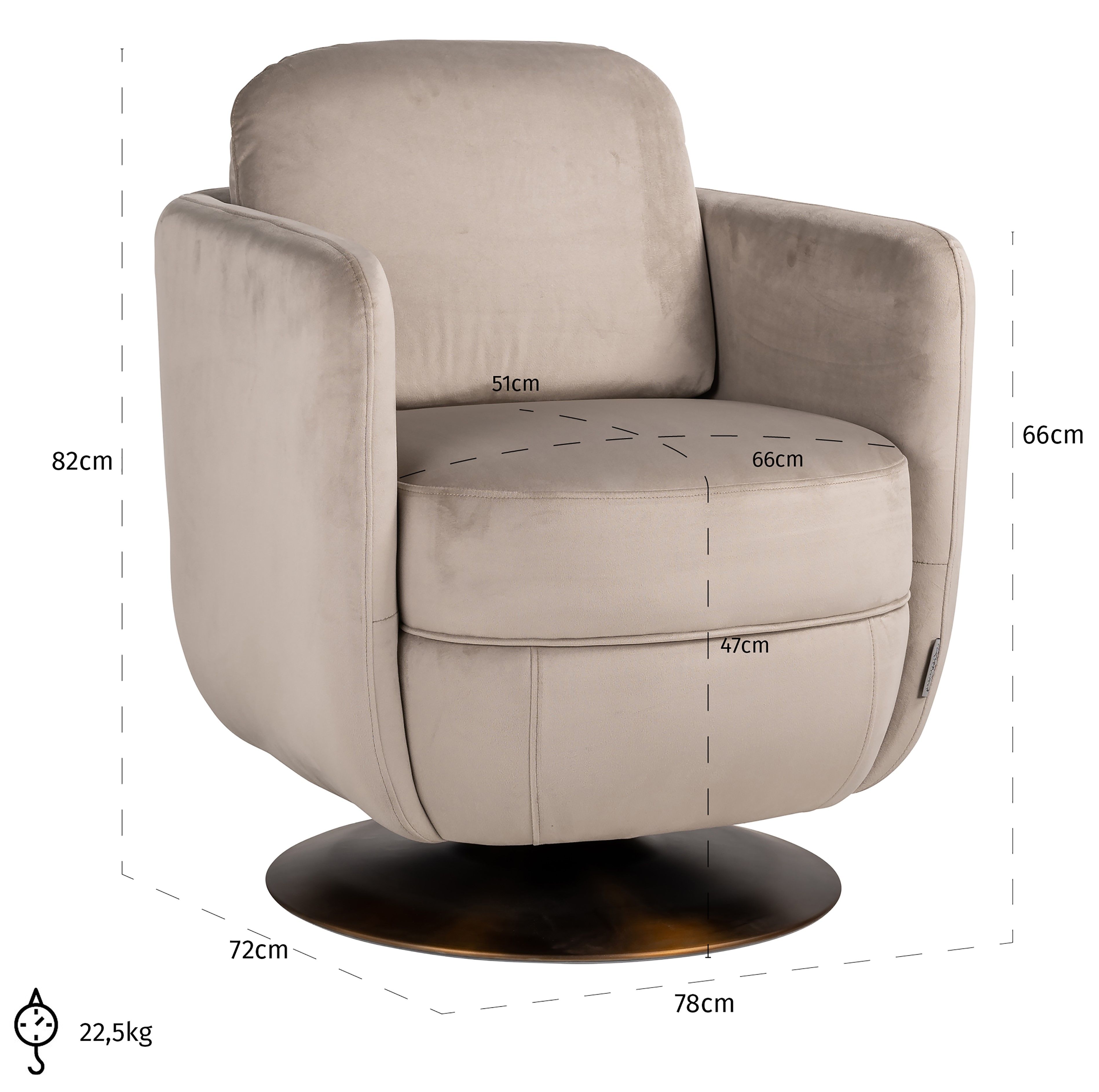 Draaifauteuil 211137 Khaki Velvet Turner B72 x D78 x H82 cm
