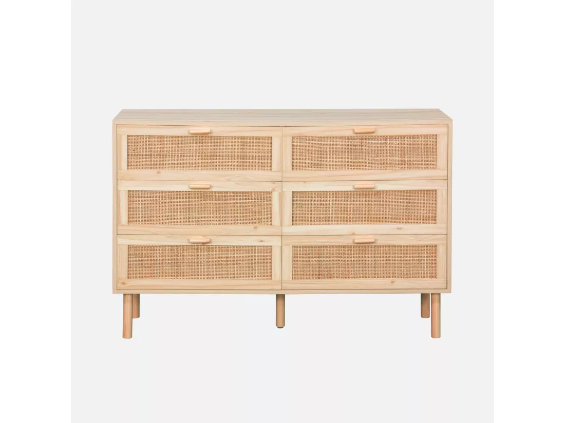 Commode 6 tiroirs cannage et effet bois CAMARGUE L 120 x P 40 x H 80cm