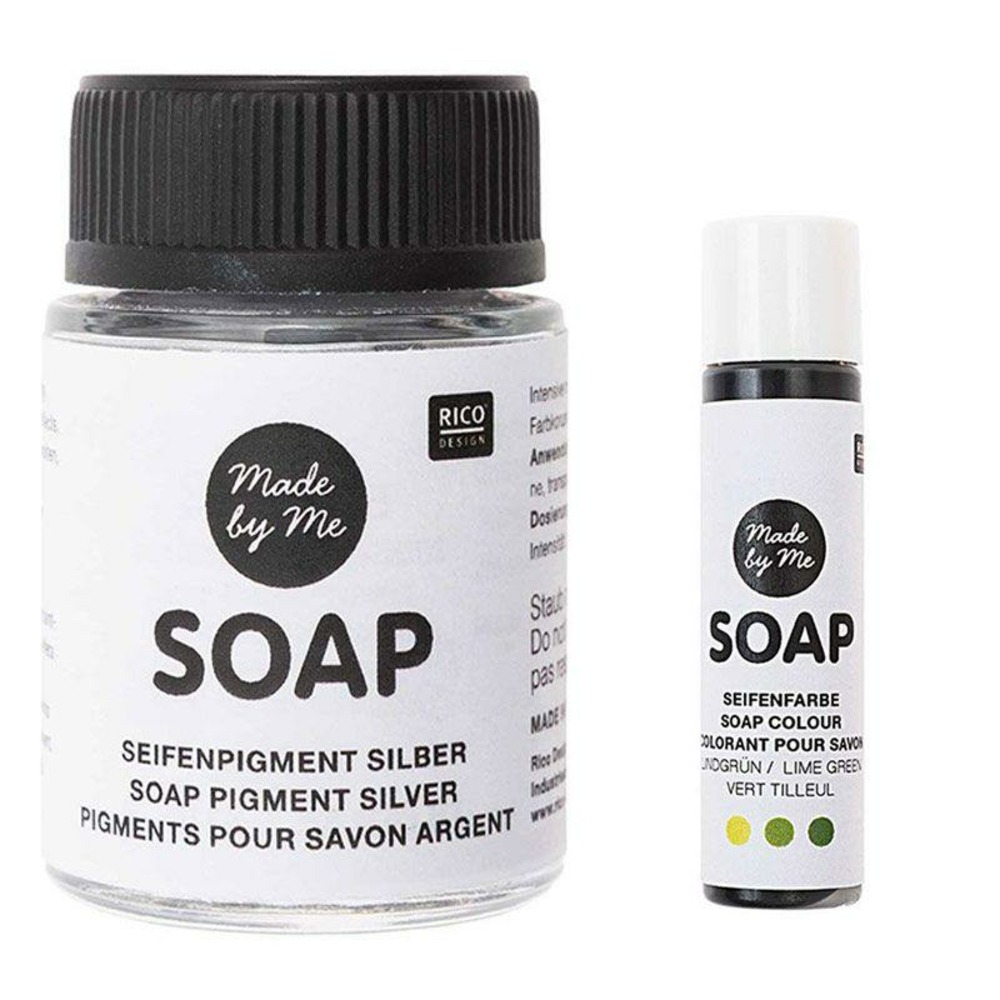 Pigment argenté pour savon 20 ml + colorant vert tilleul