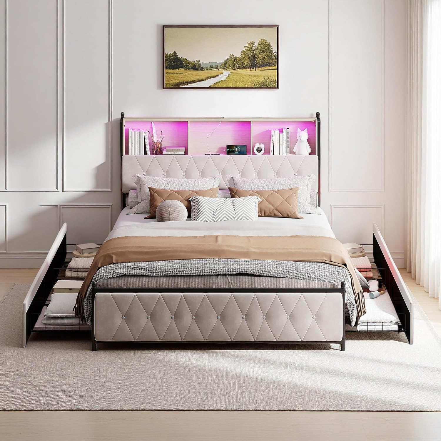 PerGar Polsterbett 140x200cm mit Stauraum, Doppelbett mit 4 Schubladen, Jugendbett mit LED Stauraum Kopfteil, Stauraumbetten, Bettgestell mit Lattenrost, Samt, Ohne Matratze, Beige