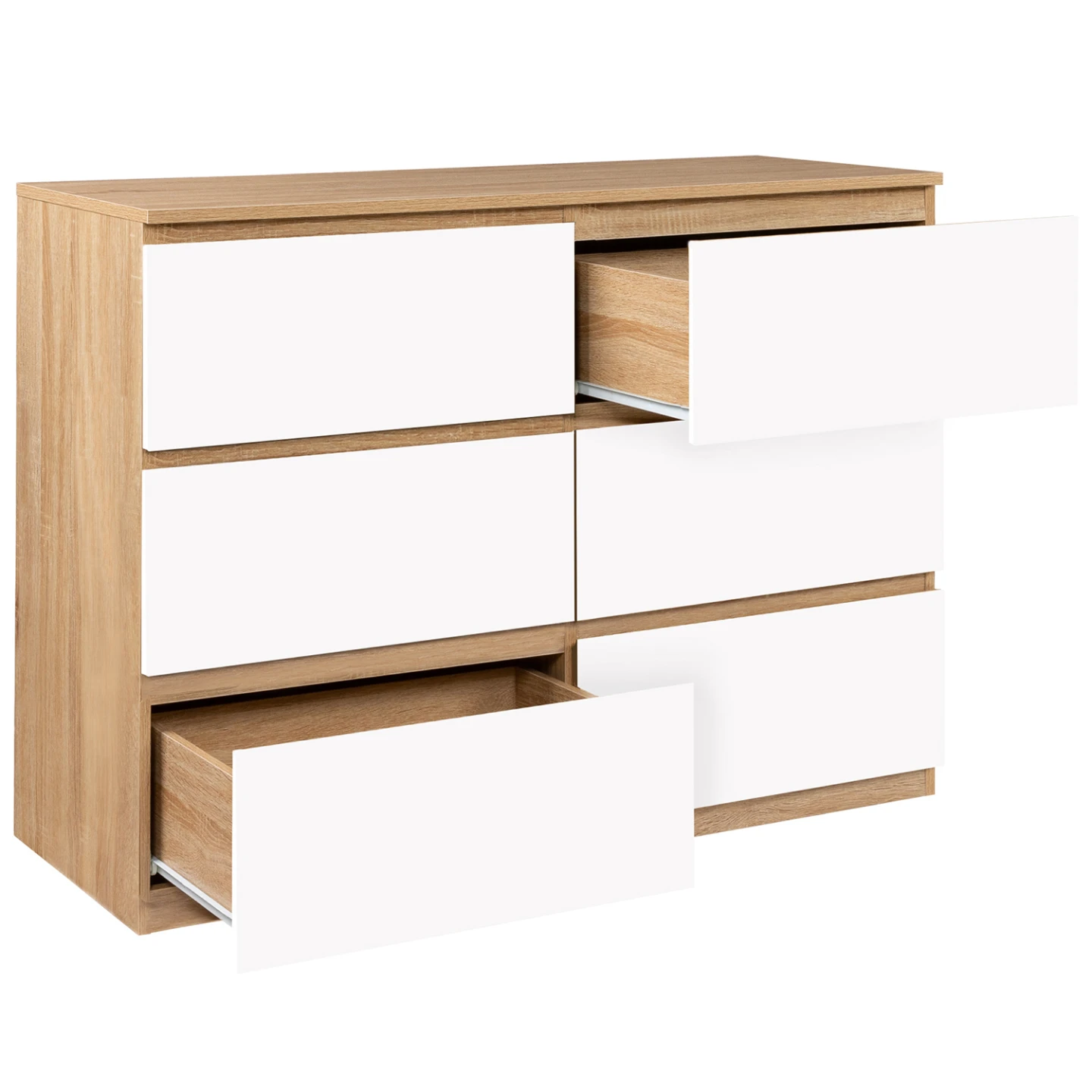 Commode 6 tiroirs TOMI 110 cm bois façon hêtre et blanc