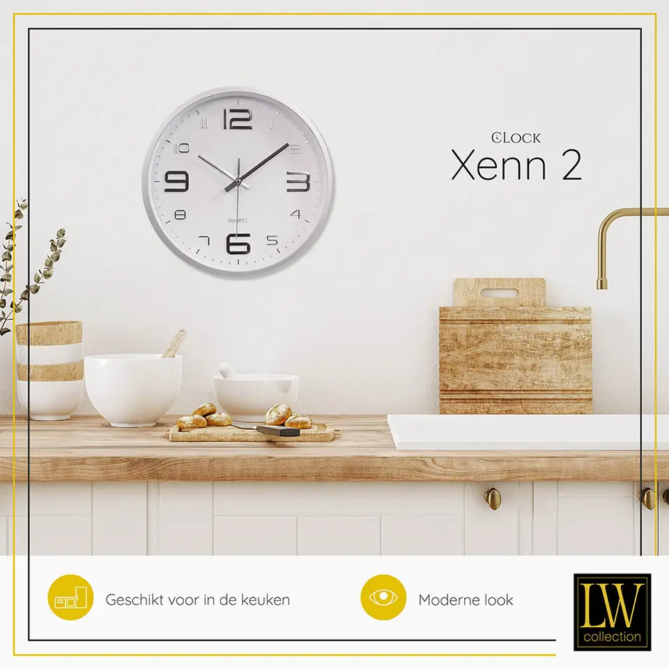 LW Collection Keukenklok Xenn2 zilver wit 30cm