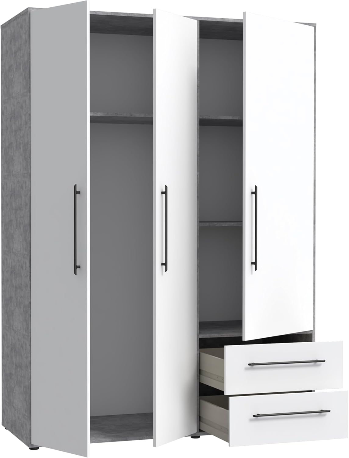 FORTE Jupiter Schrank 140 150, Kleiderschrank, Drehtürenschrank, 3-türig, mit 2 Schubladen und Einlegeböden, Betonoptik Grau und Weiß, 145 cm breit x 59 cm tief x 200 cm hoch