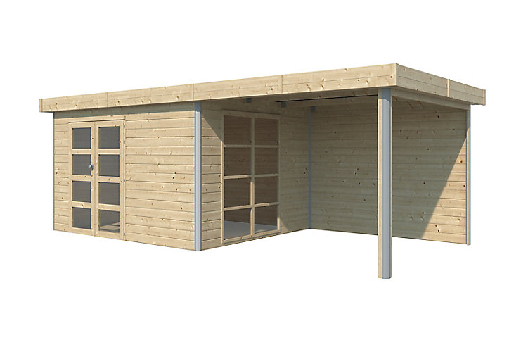 Abri de jardin + pergola Lindo 2 L en bois coloris naturel ép.28 mm surface extérieure 12,65 + 9,32 m²