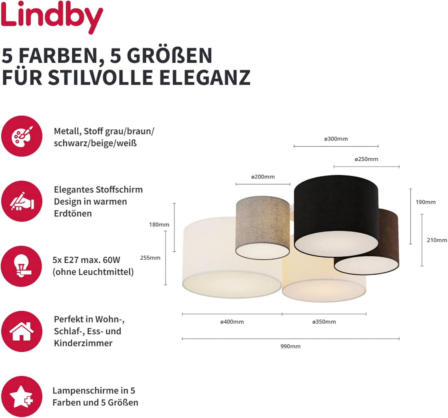 Lindby Stoff Deckenlampe grau, braun schwarz beige weiß 5 Schirme Ø 20 25 30 35 40 cm 5x E27 max. 60W ohne Leuchtmittel Textil Deckenleuchte