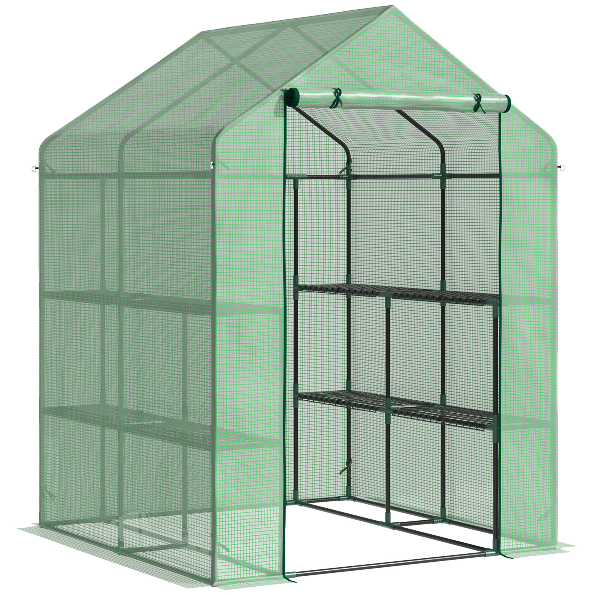 Estufa de jardim Outsunny de aço com 2 níveis, 4 prateleiras e porta de enrolar para cultivo de plantas, vasos e flores, 143x138x190 cm, verde
