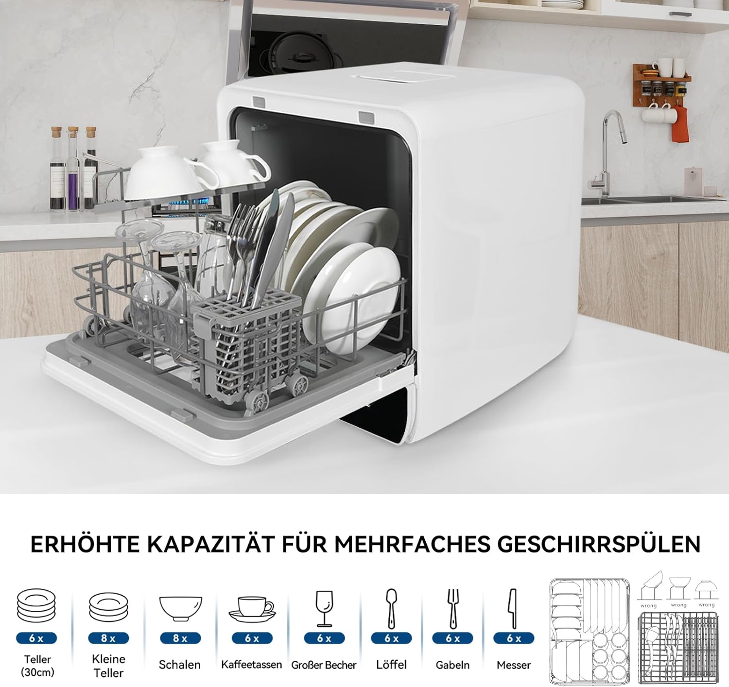 Mini Geschirrspüler für 3 Gedecke, Tischgeschirrspüler mit 7 Programme mit Trocknungsfunktion, mit/ohne Wasseranschluss Benutzbar, Spülmaschine 4.8L, Touch Control für Wohnmobile Wohnungen