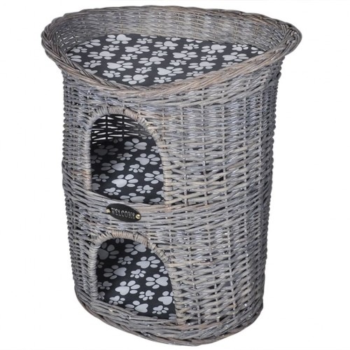 Cama de vime para gatos com altura dupla, cor cinza.