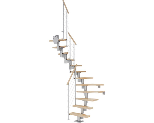 Pertura Spiros middentrap, parelgrijs, halve draai, 75 cm, beukenhouten leuning, gelakt, 11 treden / 12 stootborden