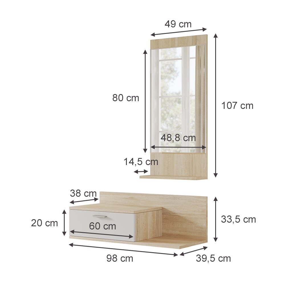 Vicco Flurgarderobe Ballin Eiche 98 x 140,5 cm, mit Spiegel, Wandgarderobe, Flur