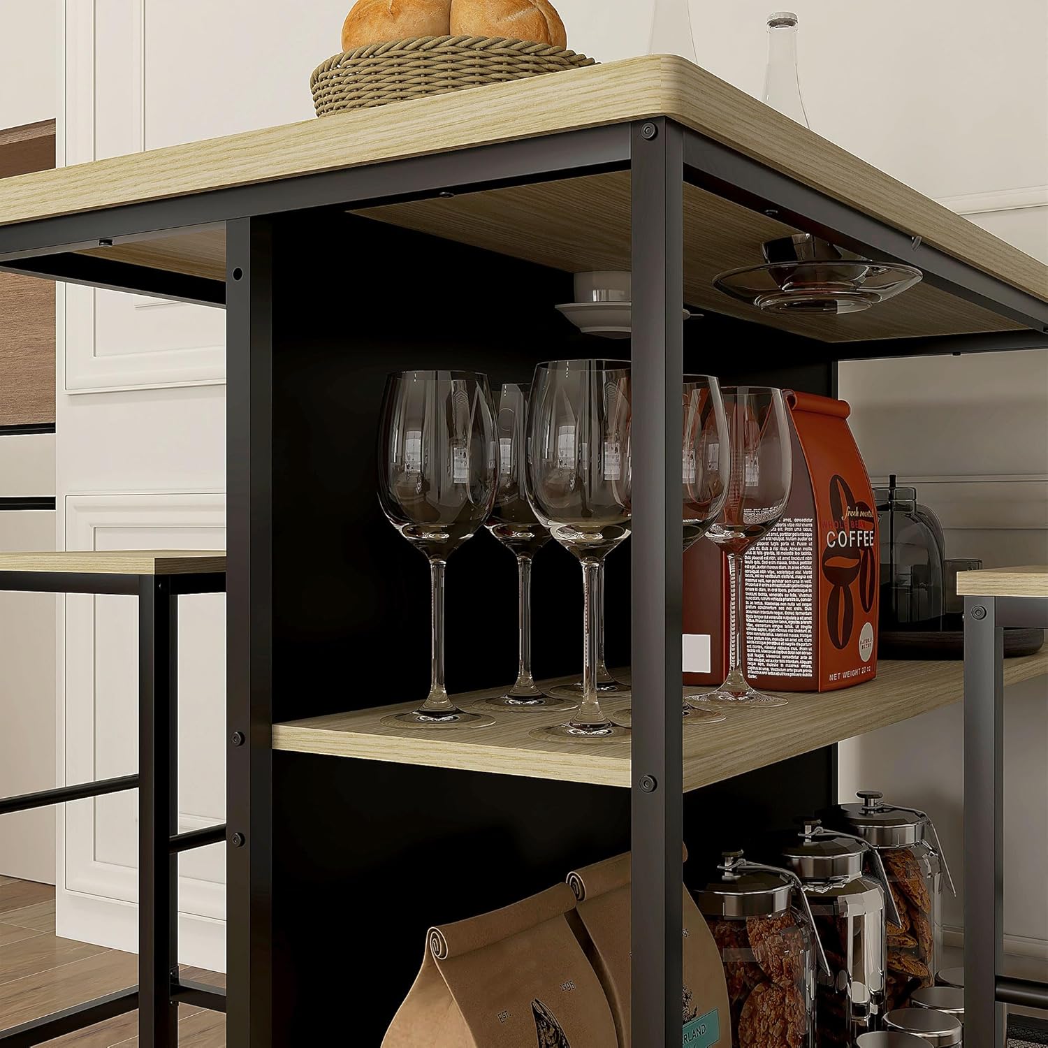HOMCOM Bartisch mit Barhocker Set, 3-TLG. Bartisch-Set inkl. Küchentisch mit 2 Barhockern, 2 Ablage, Essgruppe im Modern-Stil, für Küche, Esszimmer, Stahl, Eiche