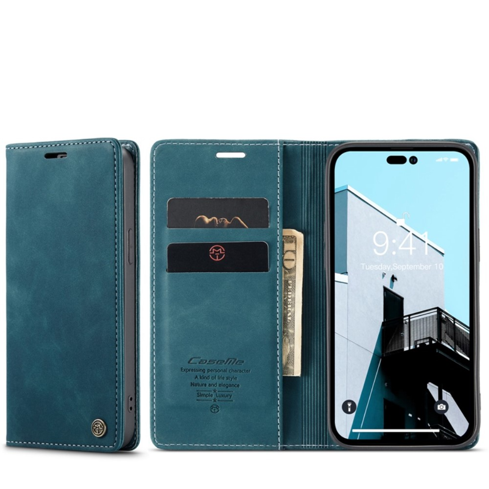 iPhone 14 Pro Max Leder Tasche Flip Wallet Etui mit Kartenfächern - Blaugrün