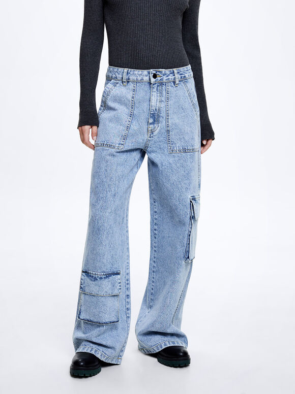 Calça cargo jeans - Azul