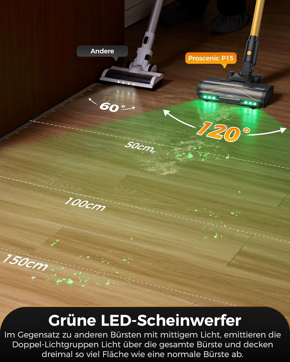 Proscenic P15 Staubsauger Kabellos, 70 Mins 55KPa 600W Akku Staubsauger Selbststehend mit Touchscreen Grünes Licht 6 Schichten Filter, akkusauger für Teppiche Hartböden Haustierhaare Auto, Gelb