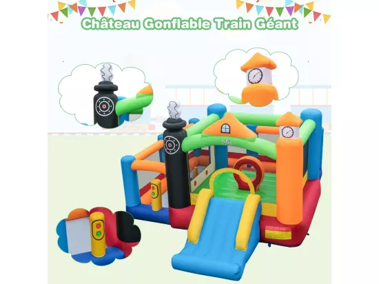 5 en 1 Château Gonflable avec Toboggan, Aire de Jeux Gonflable avec Thème de Train, 3 Fosses à Balles, Panier de Basketball, 50 Balles Colorées (sans souffleur)