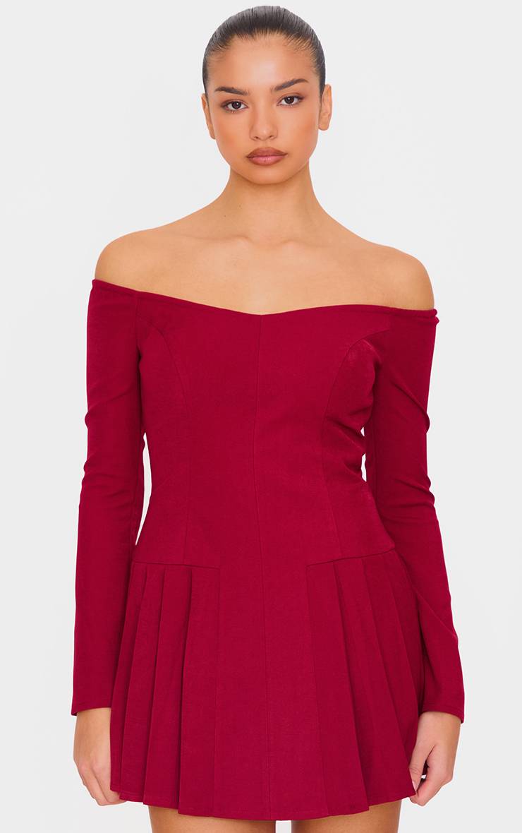 Rouge Bordeaux Robe Droite Tissée À Épaules Dénudées Et Manches Longues