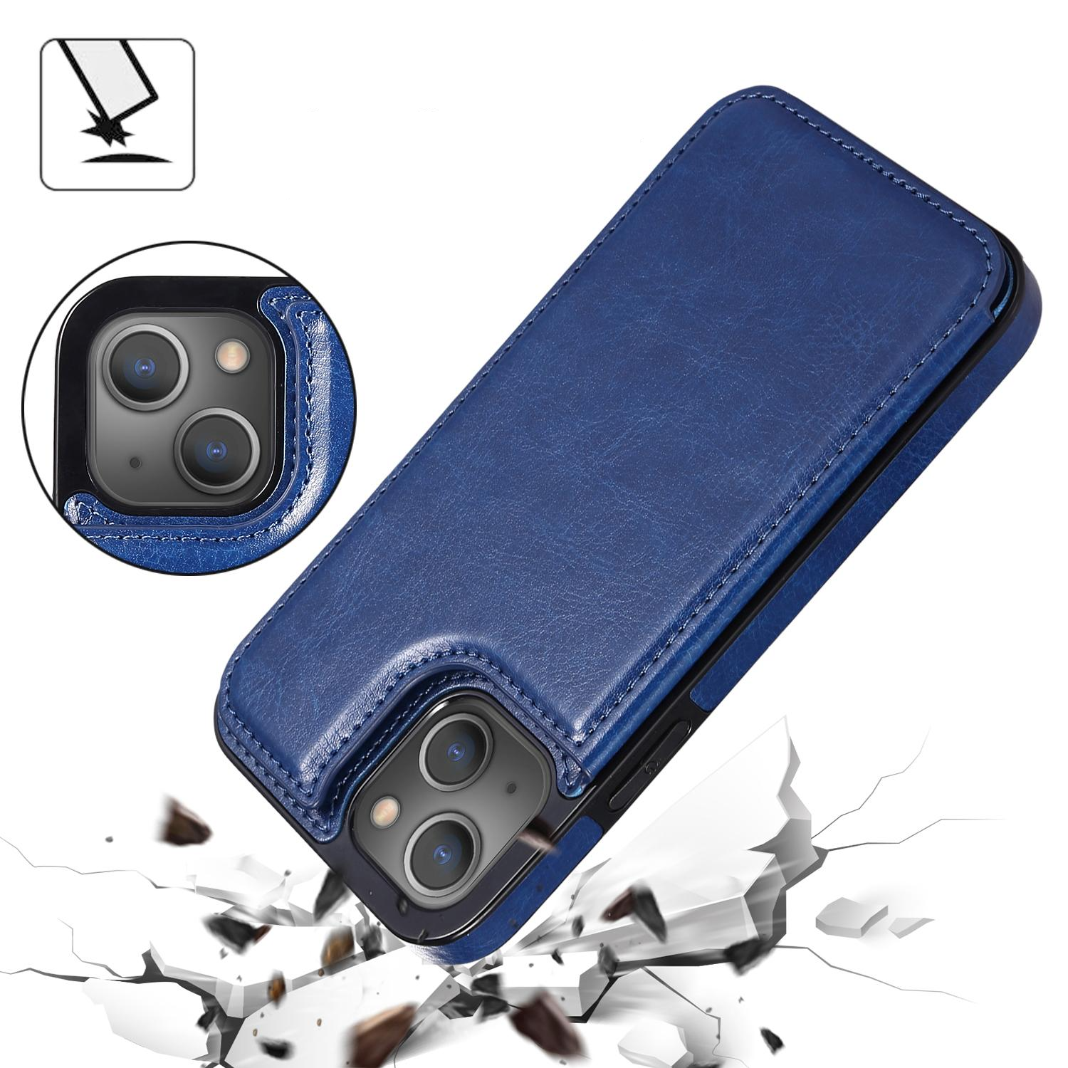 iPhone 14 Hybrid Leder Hülle mit Kartenfach   Kickstand Aufsteller - Blau