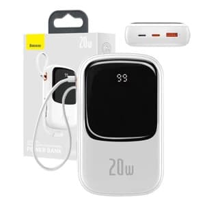 Powerbank Baseus Qpow PRO med Lightning-kabel, USB-C-port og USB 20000mAh, 20W (hvid)
