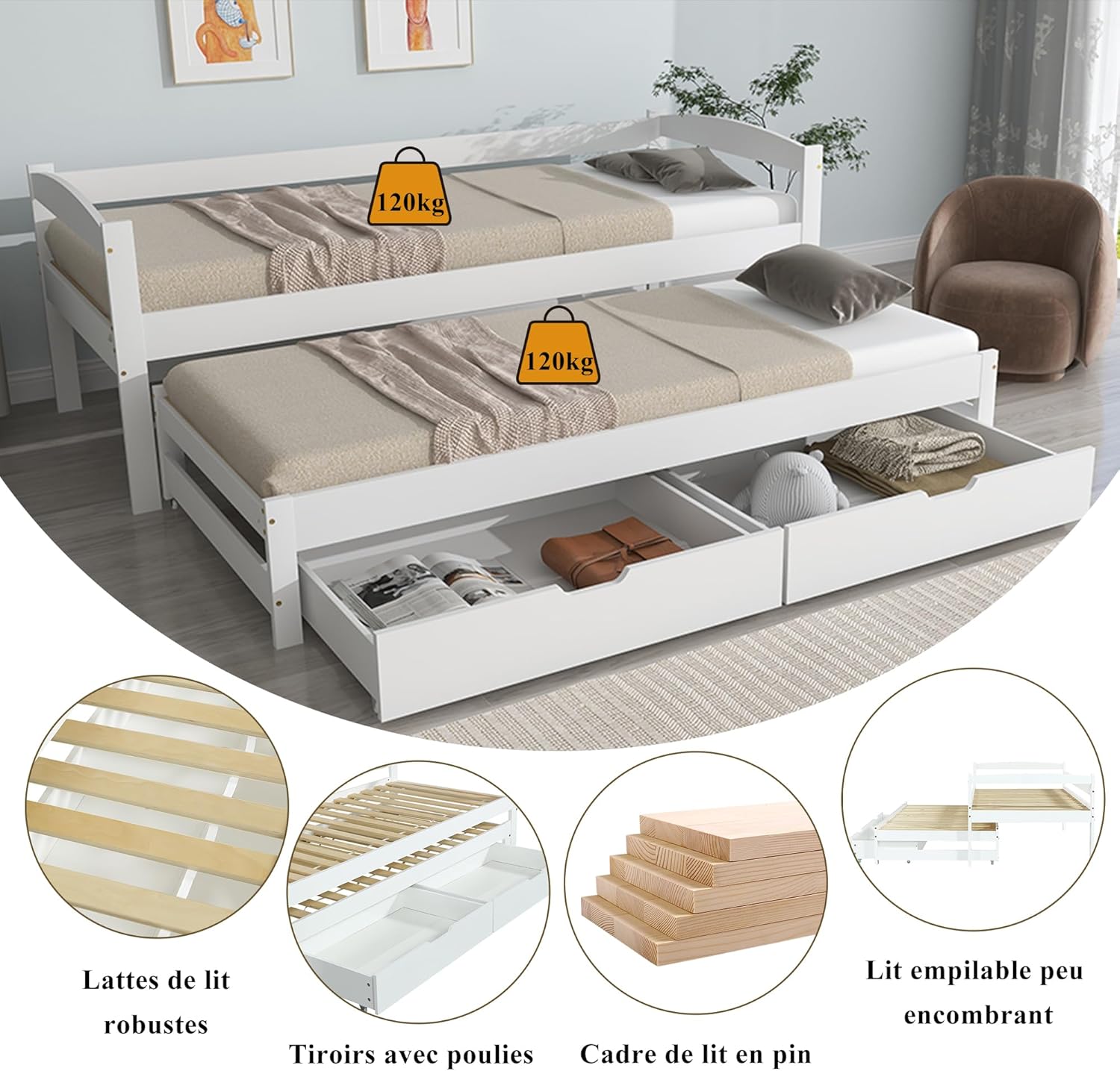 Kinderbett 90x200, Tagesbett mit Ausziehbett und 2 Schubladen, Sofabett Gästebett Schlafsofa Bett mit Lattenrost,Einzelbett/Doppelbett Jugendbett Funktionsbett Bettgestell aus Holz,ohne Matratze,Weiß