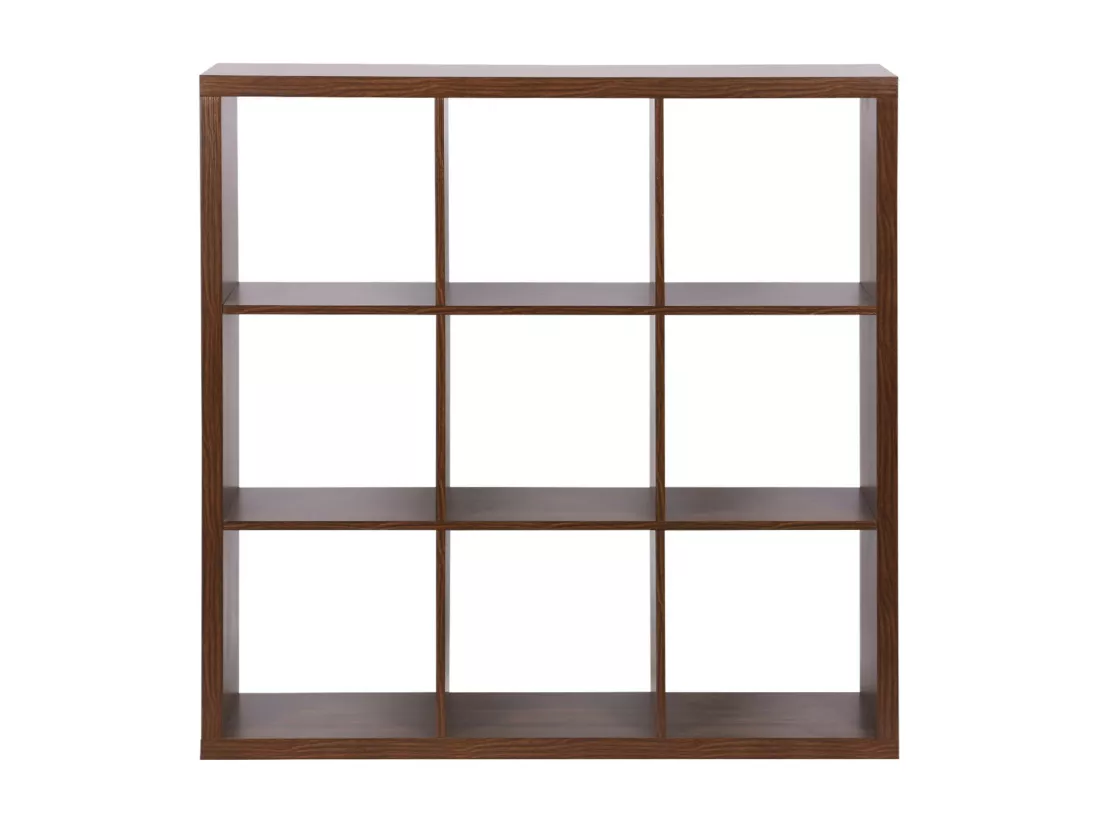 Etagère bibliothèque cubique 3 niveaux 9 compartiments. casiers. effet bois de noyer. L 111.2 x P 39 x H 111.2cm