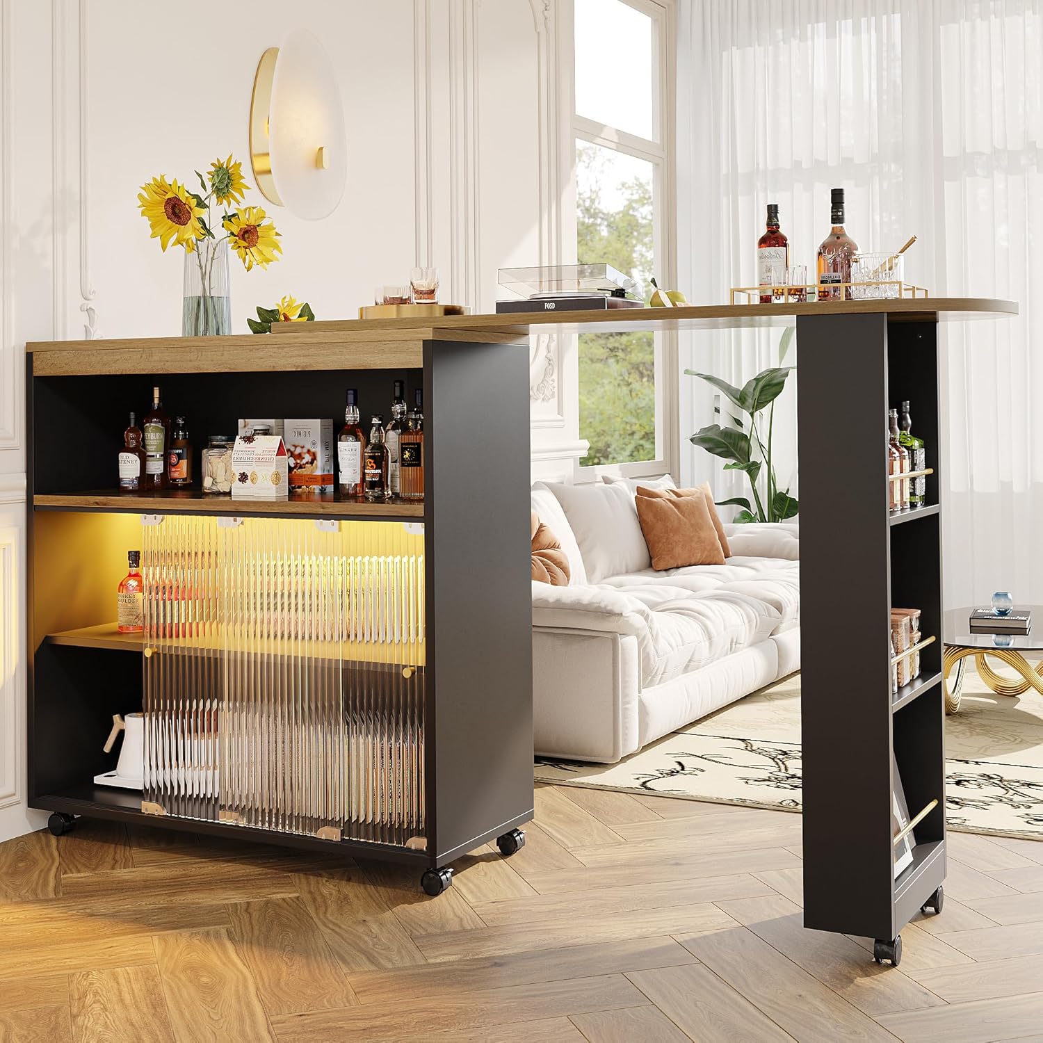Bartisch Klappbar mit Stauraum, Bartisch Küche mit LED, Moderner Beweglicher Bar Tisch, Bar Table, Hochtisch, Kücheninsel, Küchentheke, Stehtisch Bistrotisch, (138-204×39×105cm), Schwarz