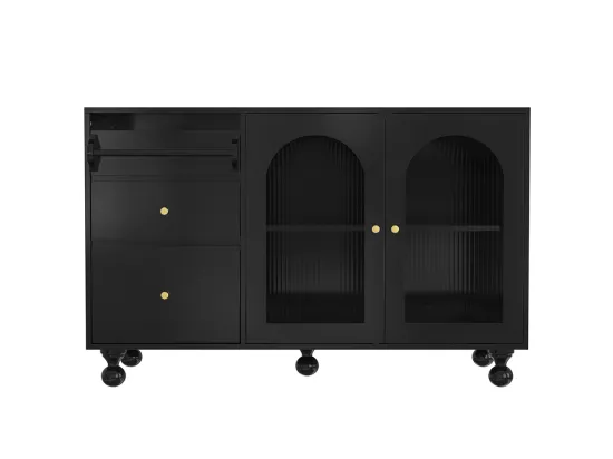Buffet de salle à manger noir avec longues portes en verre arc-en-ciel et porte-serviettes design, meuble moderne multifonctionnel
