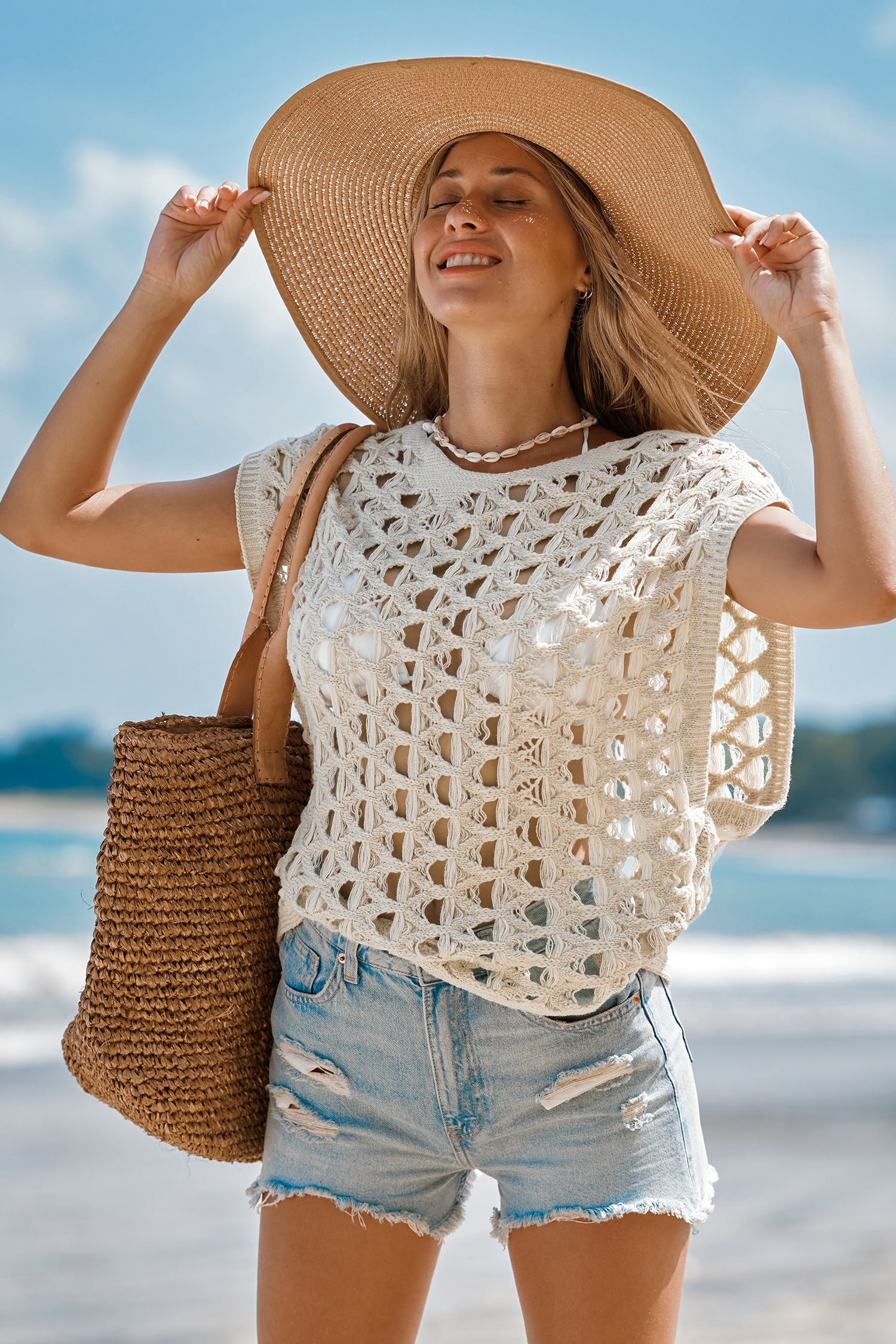 Haut cover up en crochet kaki