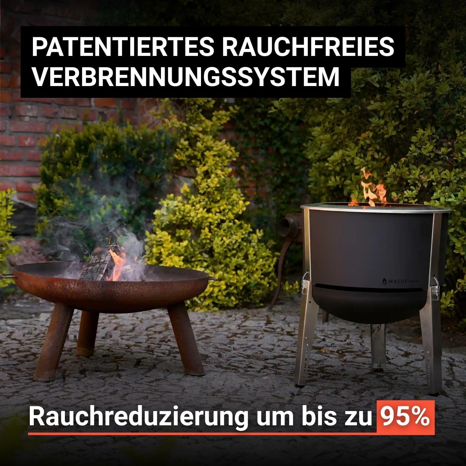 Masuria Rauchfreie Feuerschale 60cm⌀ Alpha 600 - Patentierte Rauchreduzierung bis zu 95% - Hergestellt in EU - Tragbare Feuertonne aus Edelstahl - Verstellbare Beine - große Ascheschublade - Corten