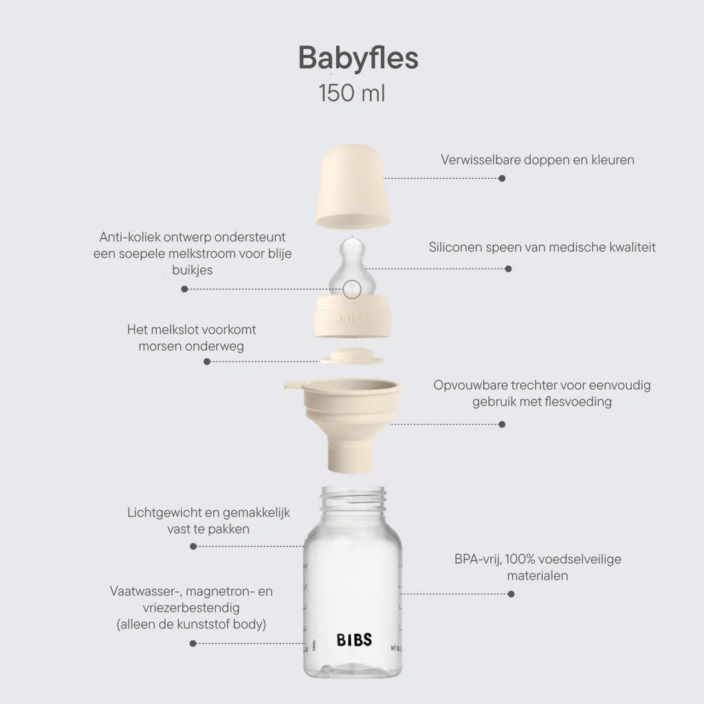 BIBS Babyfles 150 ml - Ivory - met silicone speen en opvouwbare trechtertje