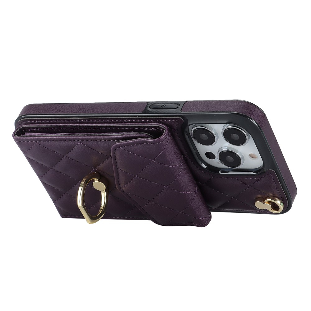 iPhone 15 Pro Max Necklace Leder Hülle mit Kartenfächer   Finger Griff Halterung   Handykette (RFID Schutz) - Violett