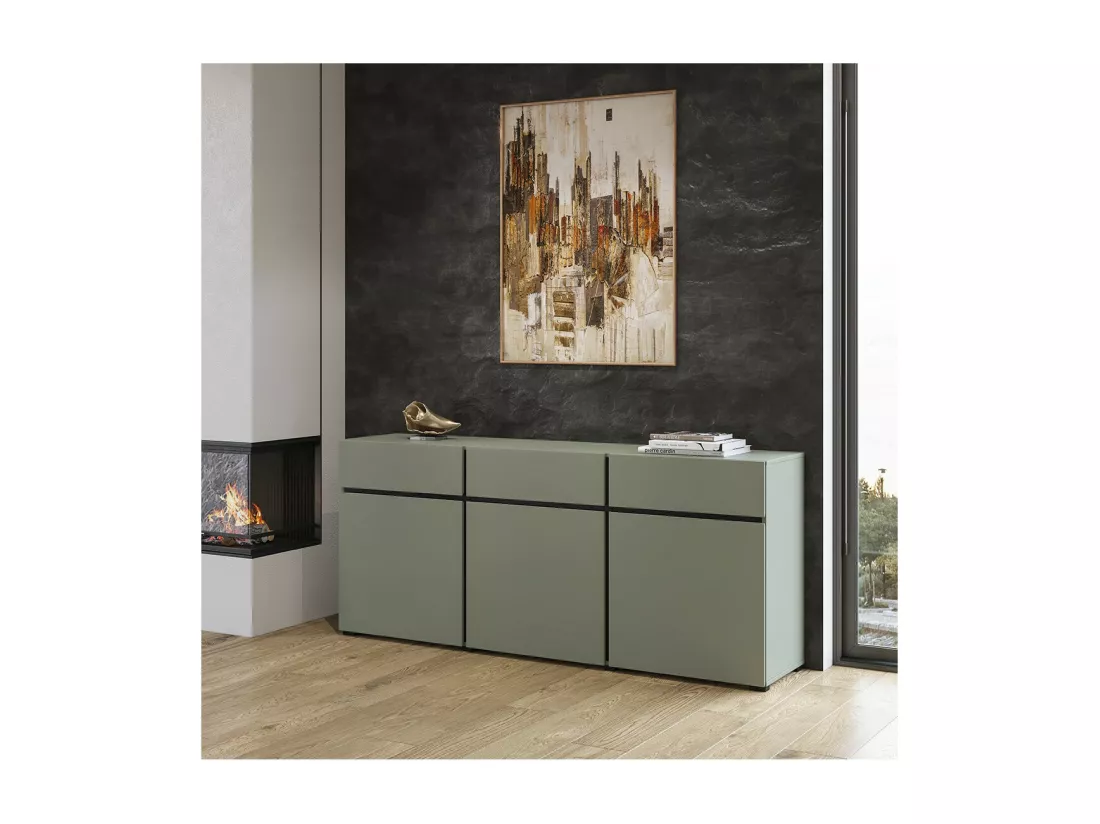 Buffet coloris vert sauge 180cm collection HAVANA. Bahut design avec 3 portes et 3 tiroirs.