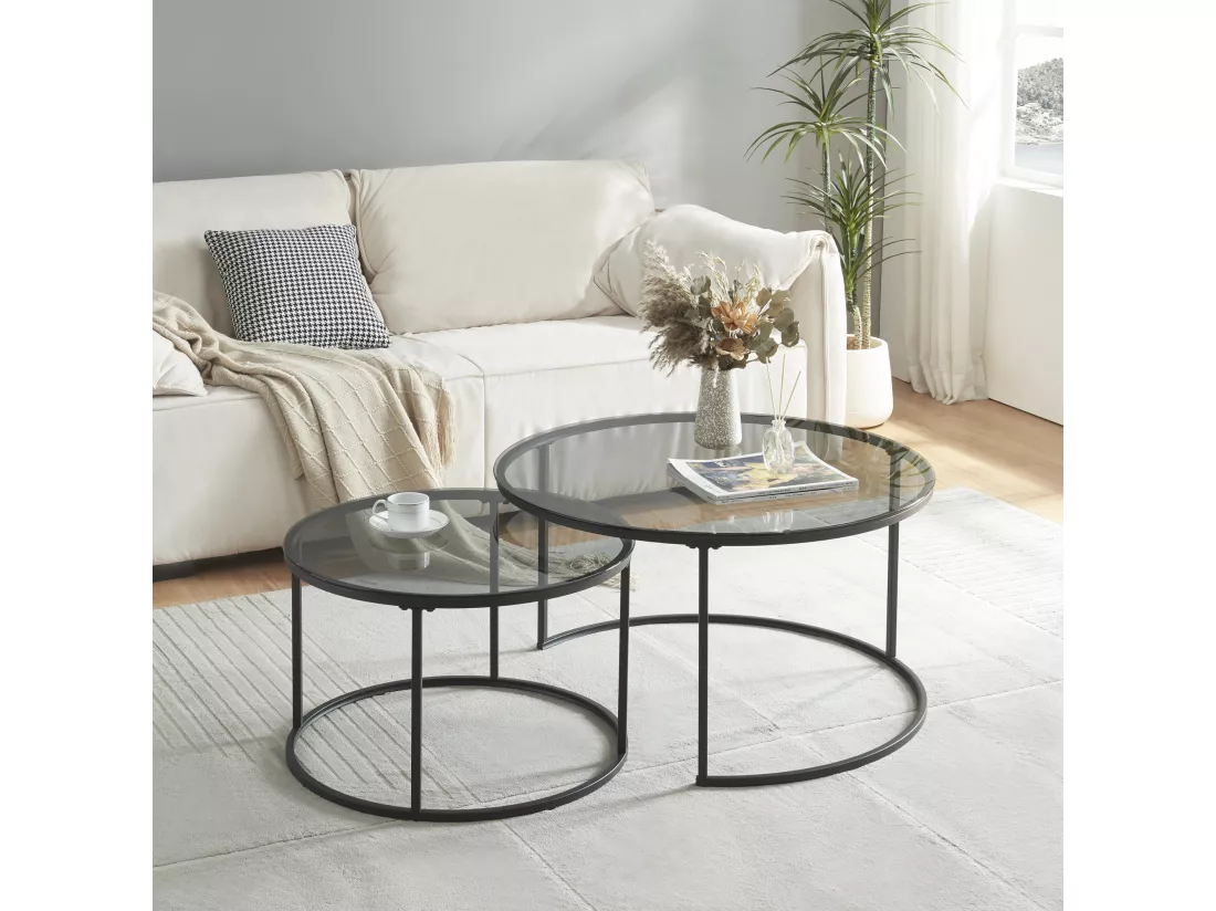 Set de 2 tables basses Kokkola rondes gigognes en verre fumé