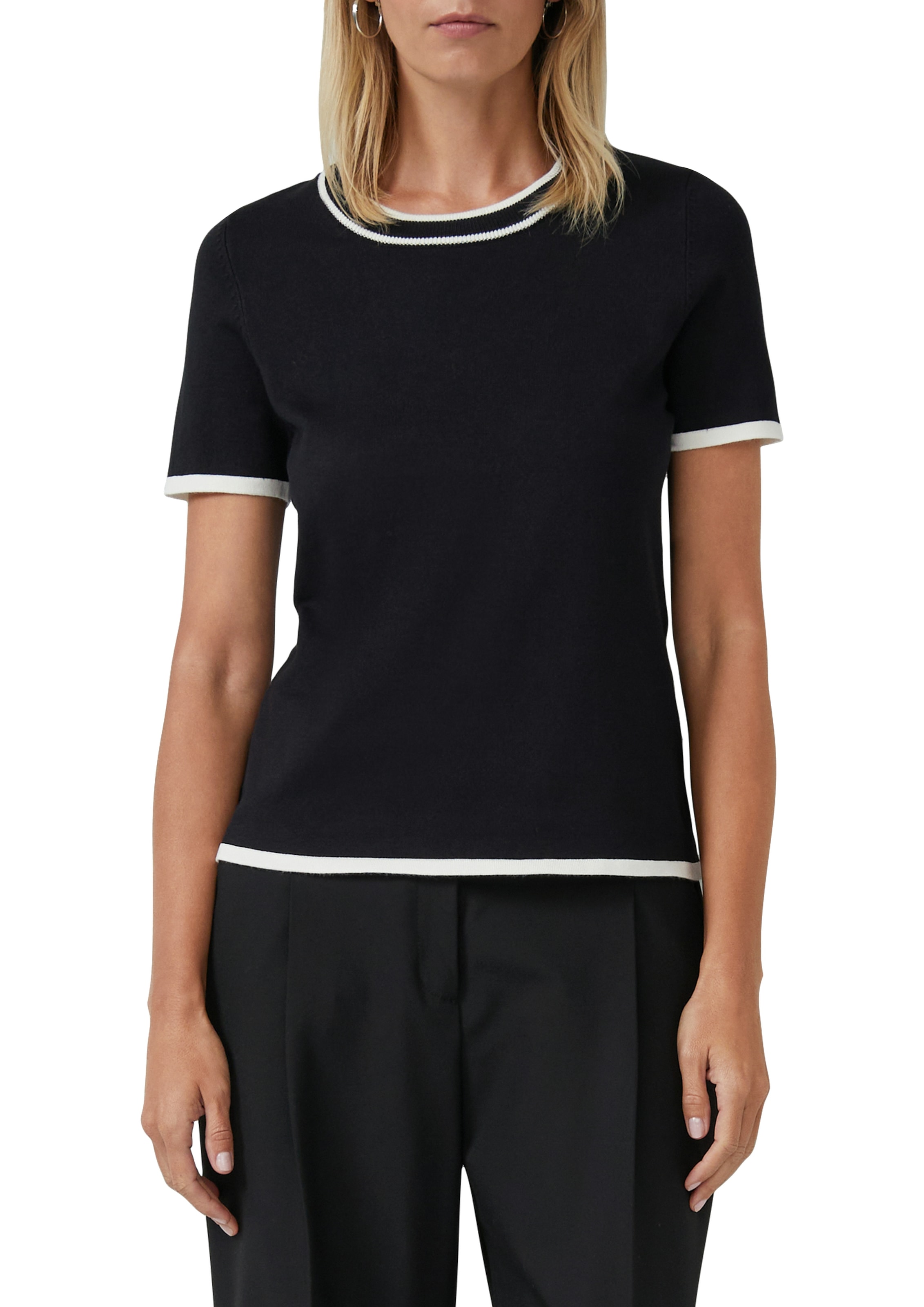 s.Oliver BLACK LABEL Kurzarmpullover , Feinstrick, Rundhals mit kontrastfarbenen Bündchen