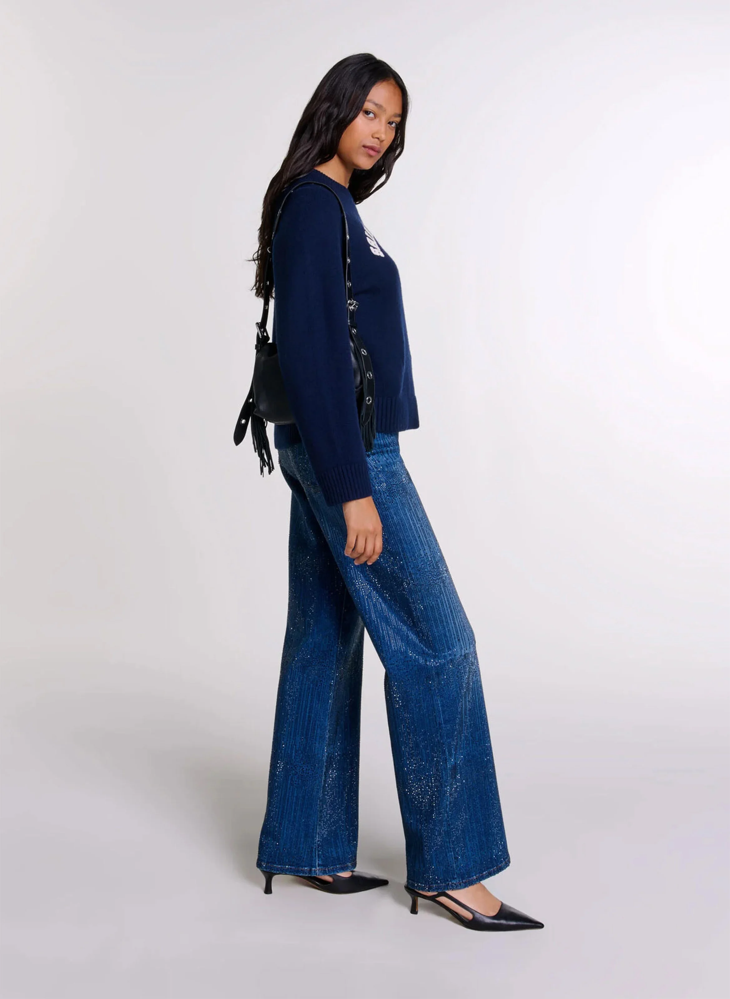 Jean large strassé en coton mélangé | Bleu