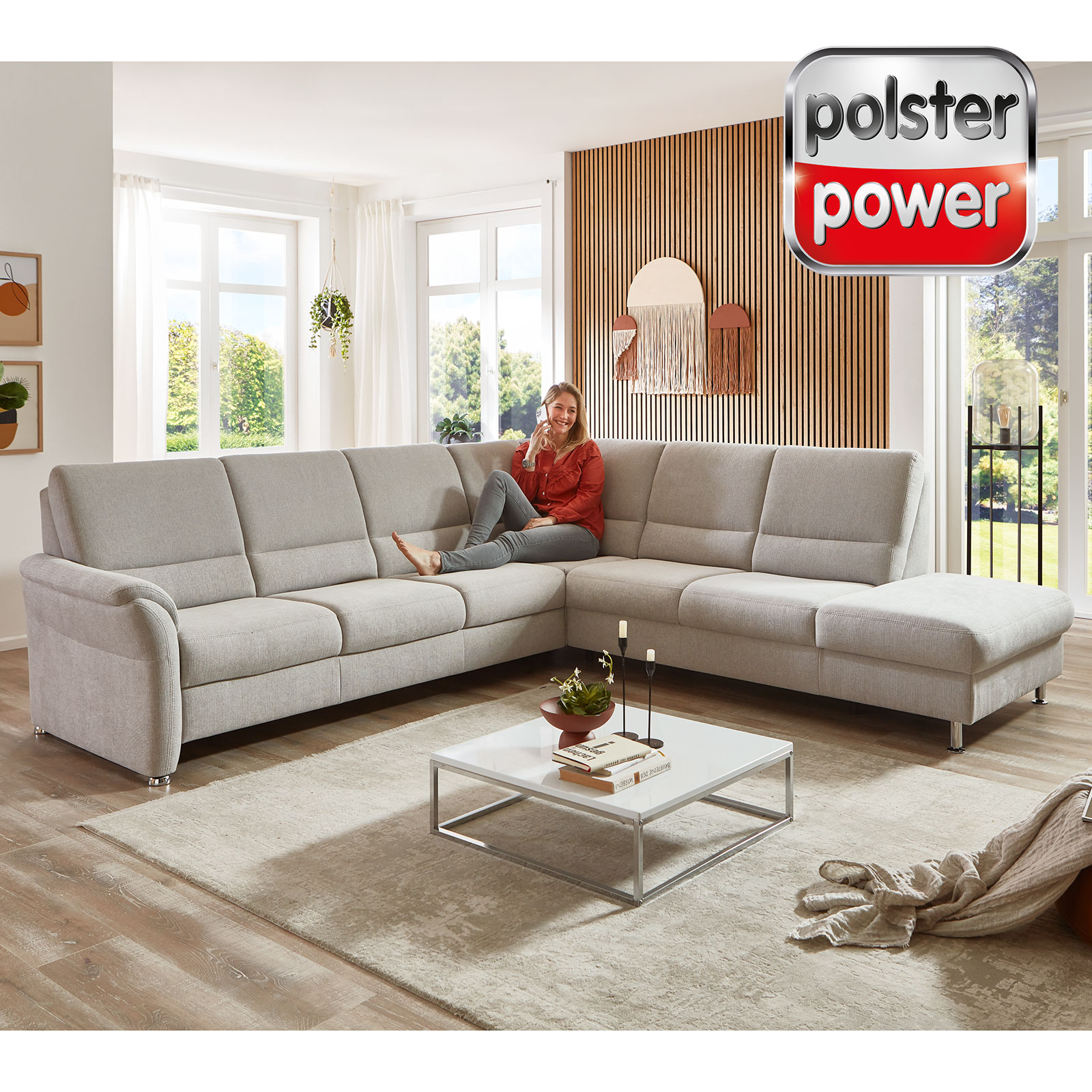 polsterpower Ecksofa - ecru - Basismodell - Anstellhocker rechts