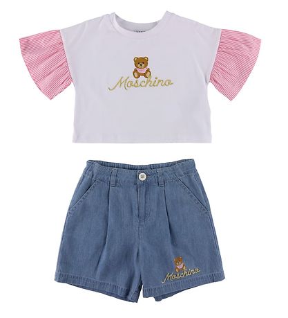 Moschino T-Shirt/Jeansshorts - Weiß/Blau m. Logo/Gold