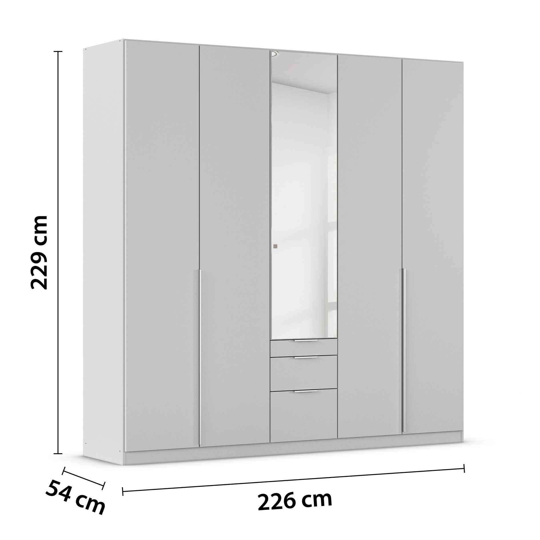 Drehtürenschrank - seidengrau - Kristallglasspiegel - 5-türig - 3 Schubkästen - 226x229 cm