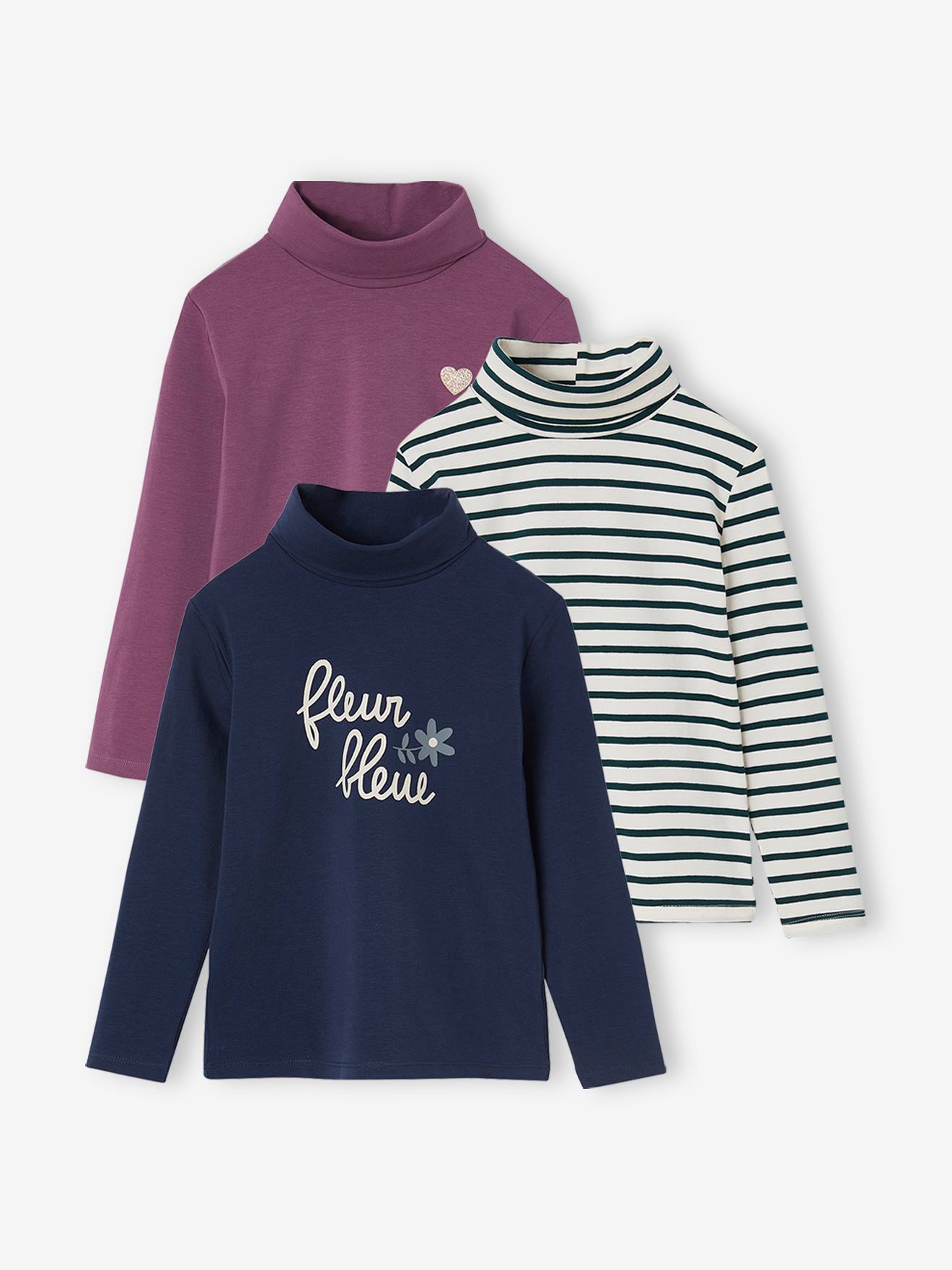 Conjunto de 3 camisetas de gola alta para meninas, cinza escuro bicolor/multicoloridas