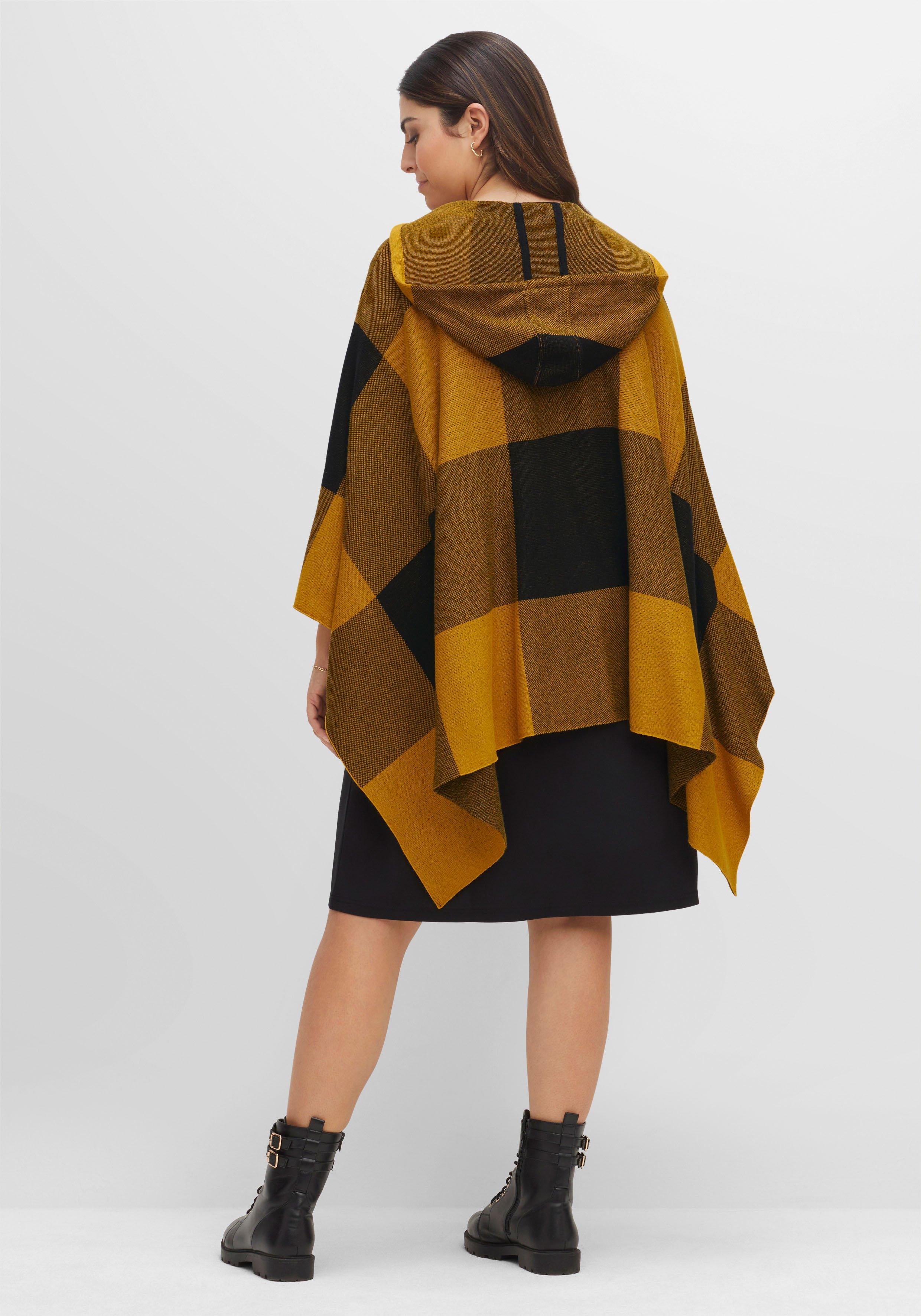 Kariertes Strickcape mit Kapuze und Tunnelzug