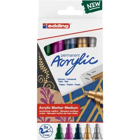 edding 5100 Acrylmarker - grün violett blau silber gold - 5 Acrylfarben Set (festlich) - Rundspitze 2-3 mm