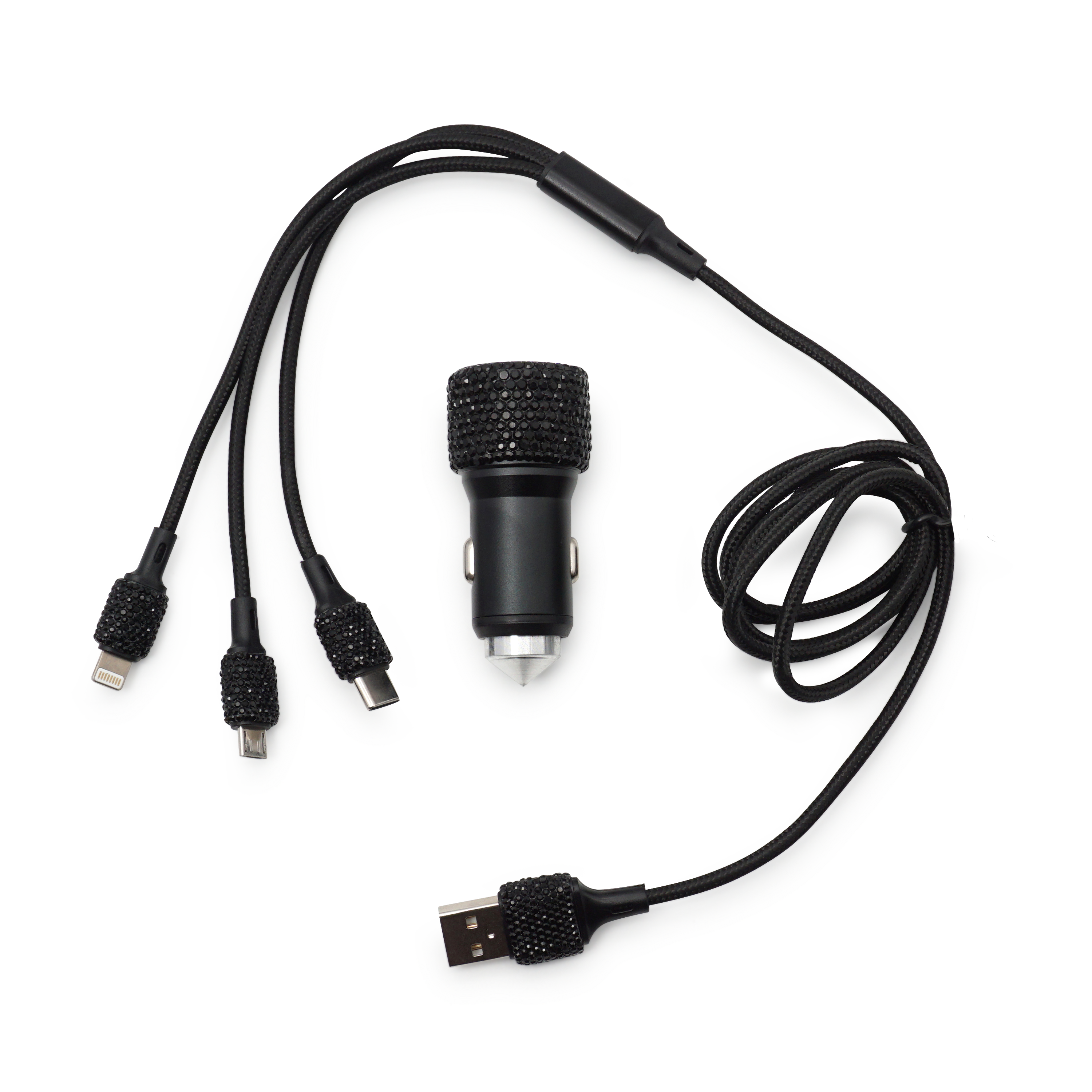 (1.2m) 3in1 Glitzer USB A auf Lightning / Micro USB / USB C Nylon Ladekabel   Dual KFZ Ladegerät - Schwarz