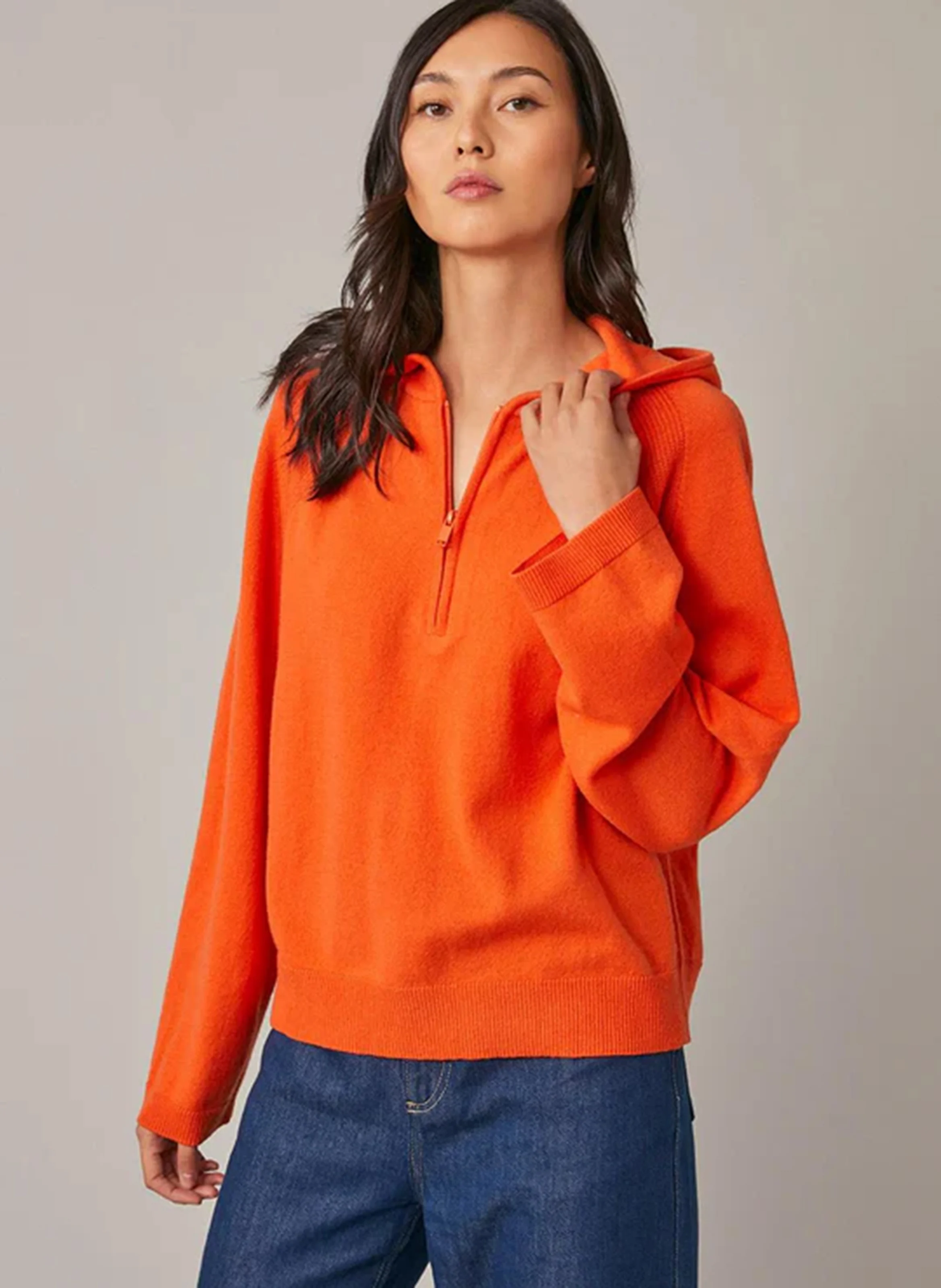 EMILE - Pull à capuche zippé en laine mérinos | Orange