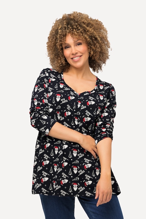 Shirt, Weihnachtsmuster, A-Linie, Herzausschnitt, Langarm