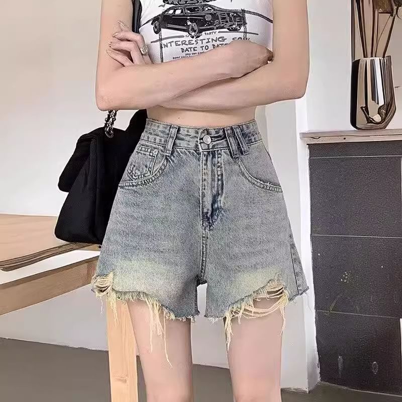 deersweeti - Hoge taille gewassen, versleten denim hotpants