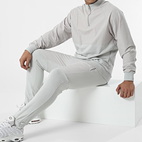 Ensemble Sweat A Col Zippé Et Pantalon Jogging LL497 Gris Clair