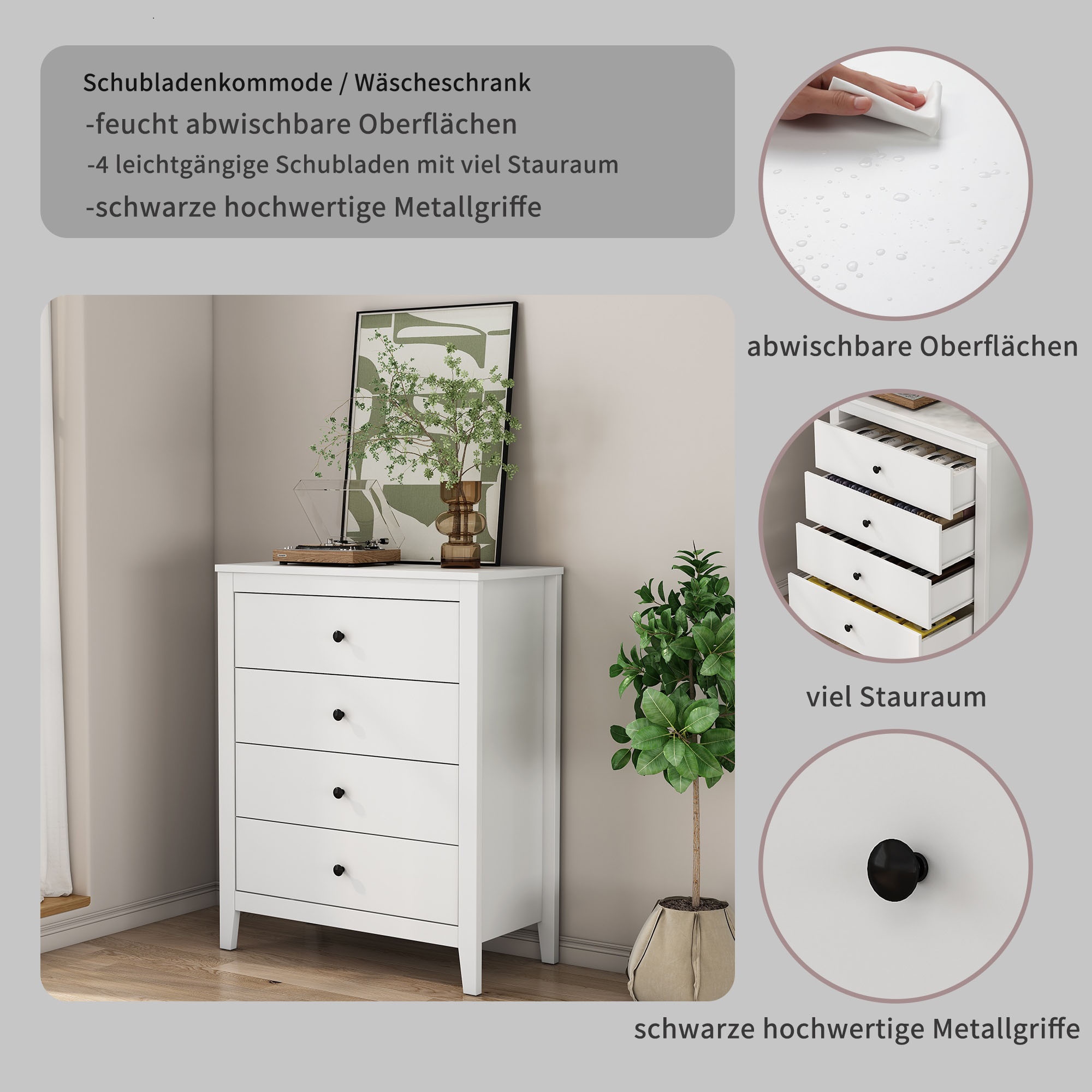 GOODproduct Schubkastenkommode »Borkum Sideboard mit 4 Schubladen Bestseller Landhaus weiss« hochwertige schwarze Griffe aus Metall,