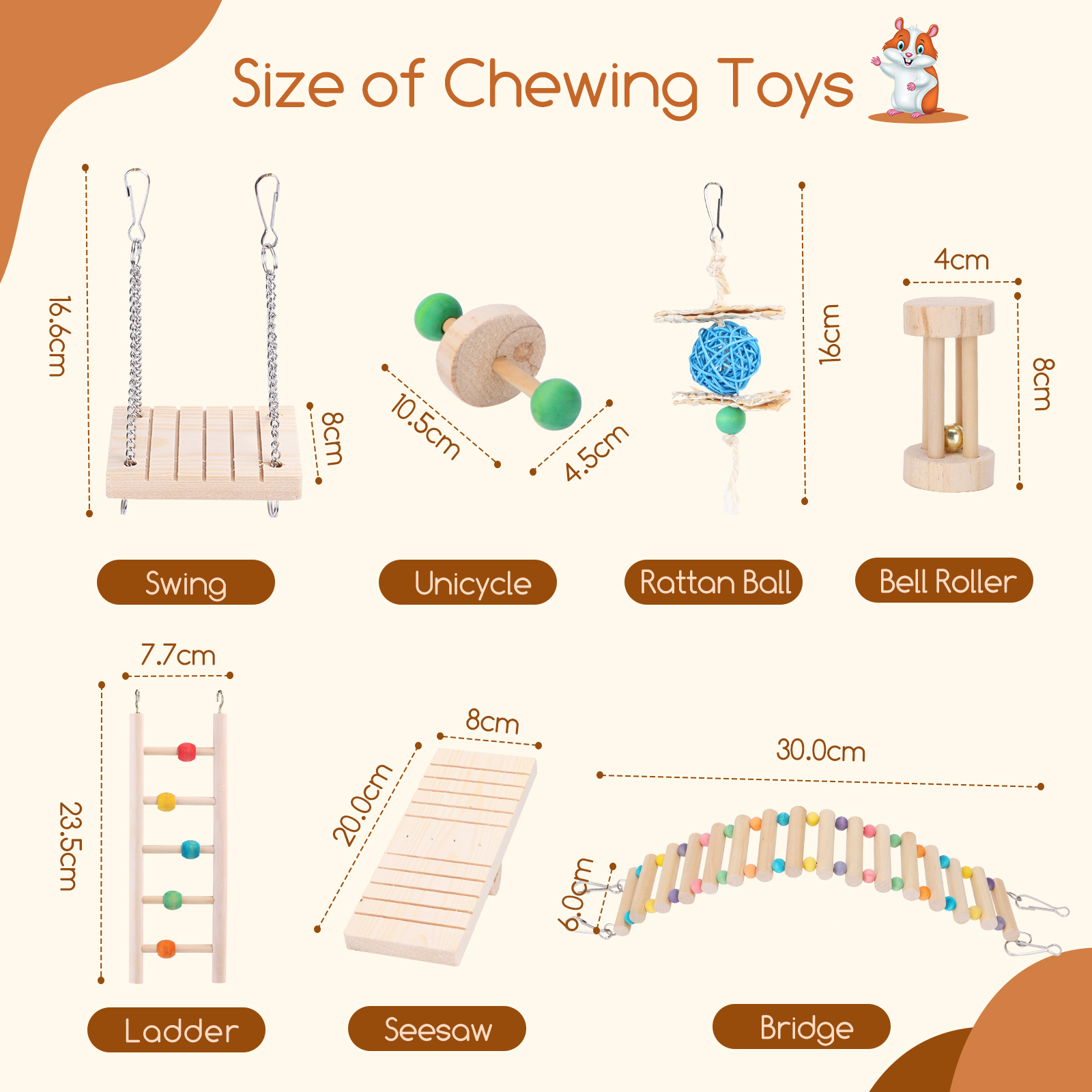 Nobleza Conjunto de 7 Brinquedos para Hamster, Brinquedos de Madeira para Roer, Brinquedos para Arremessar e Jogar para Coelhos, Chinchilas, Hamsters e Porquinhos-da-Índia
